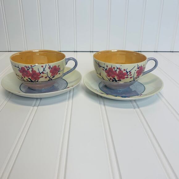 Two Teacup Saucer Set in Cherry Blossom 1940s Japanese Lusterware RARE - Picture 1 of 9